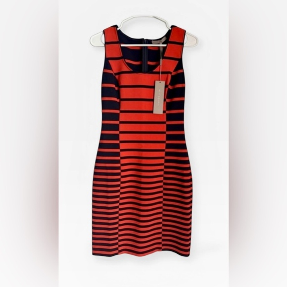 Halston Heritage Bodycon Orange and Navy Stripe Dress NWT-2